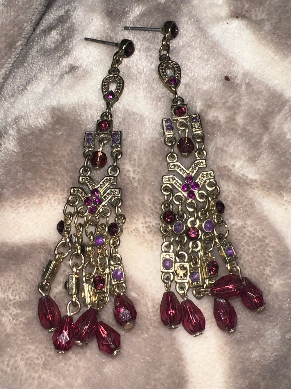 Vintage-Inspired Y2K  Gold Tone Pink & Purple Chandelier Earrings